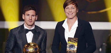 Lionel Messi från Argentina och Abby Wambach från USA är världens bästa fotbollsspelare. Foto: Walter Bieri/Scanpix.